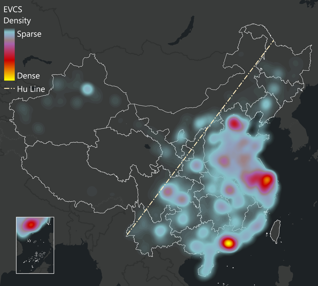 China Public EV Charging Station Spatial Kernel Density Distribution 2025